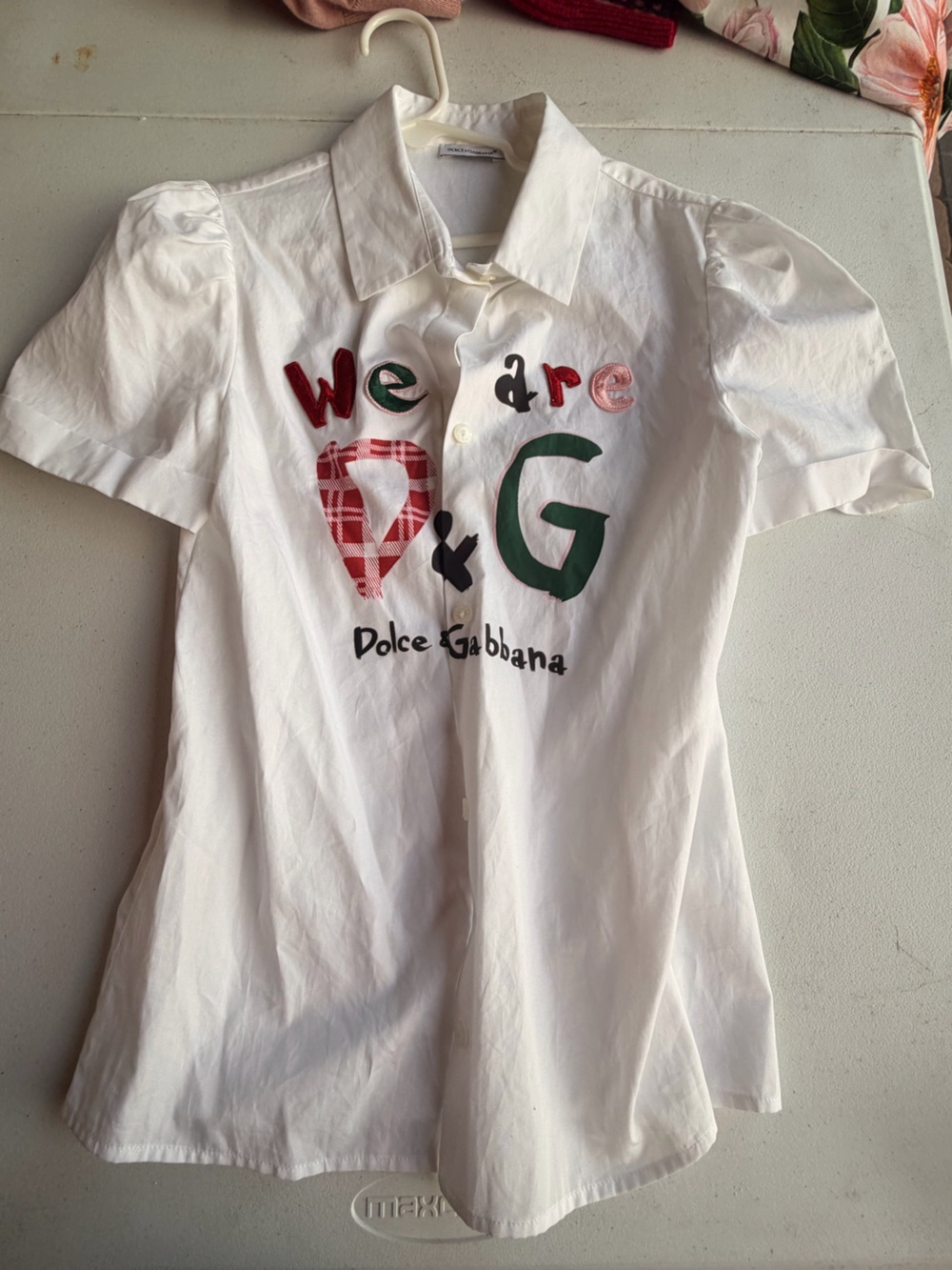 Dolce & Gabbana White Button-Down Kids Shirt with Red & Green Logo